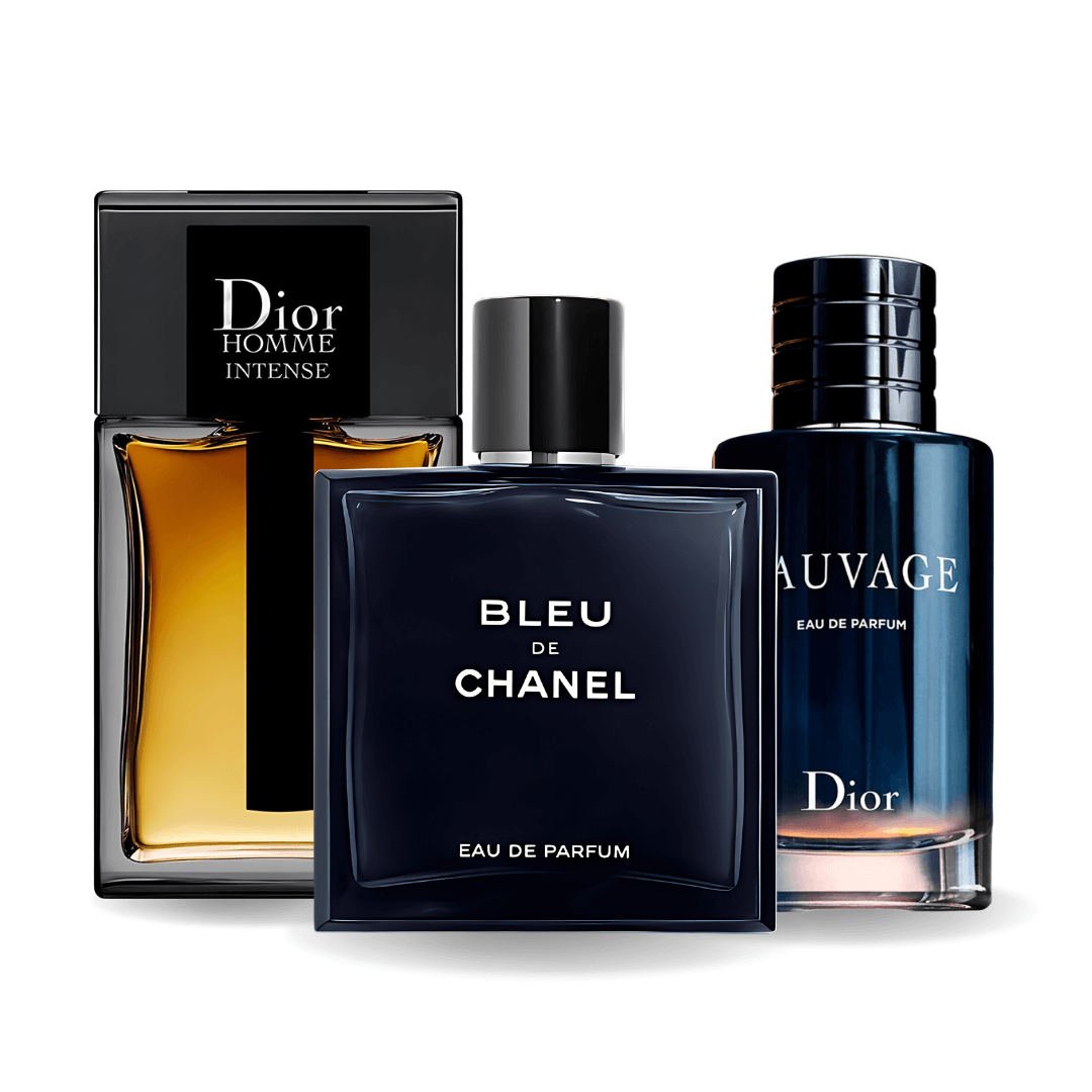 Confezione promozionale di 3 profumi Sauvage Dior, Bleu de Chanel, Dior Homme Intense 100ml