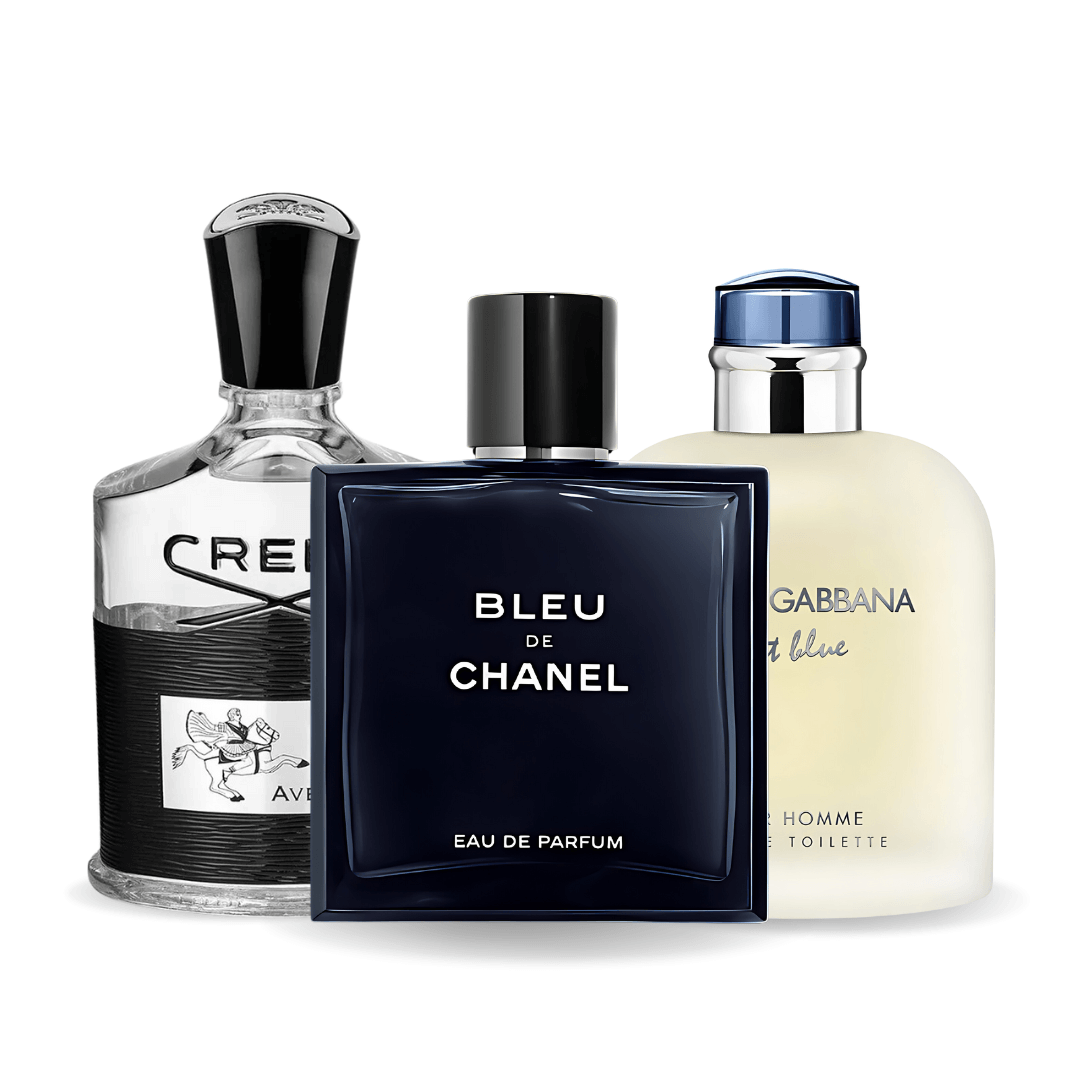 Confezione promozionale di 3 profumi Bleu de Chanel, Creed Aventus, Light Blue Dolce Gabbana 100ml