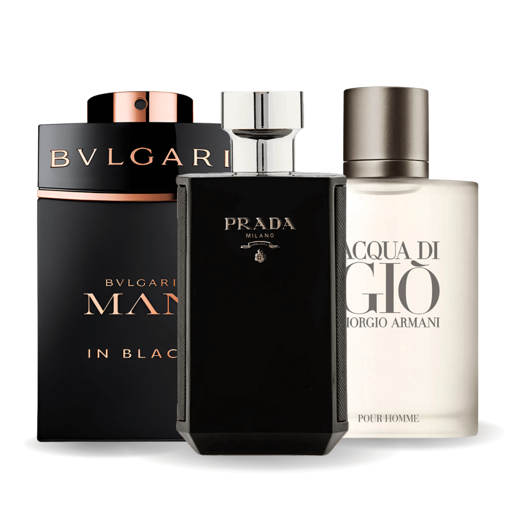 Confezione promozionale di 3 profumi Bvlgari In Black, Giorgio Armani Acqua Di Gio, L'Homme Prada Intense 100ml