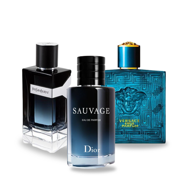 Confezione promozionale di 3 profumi Dior SAUVAGE, Yves Saint Laurent Y MEN e Versace EROS 100ml